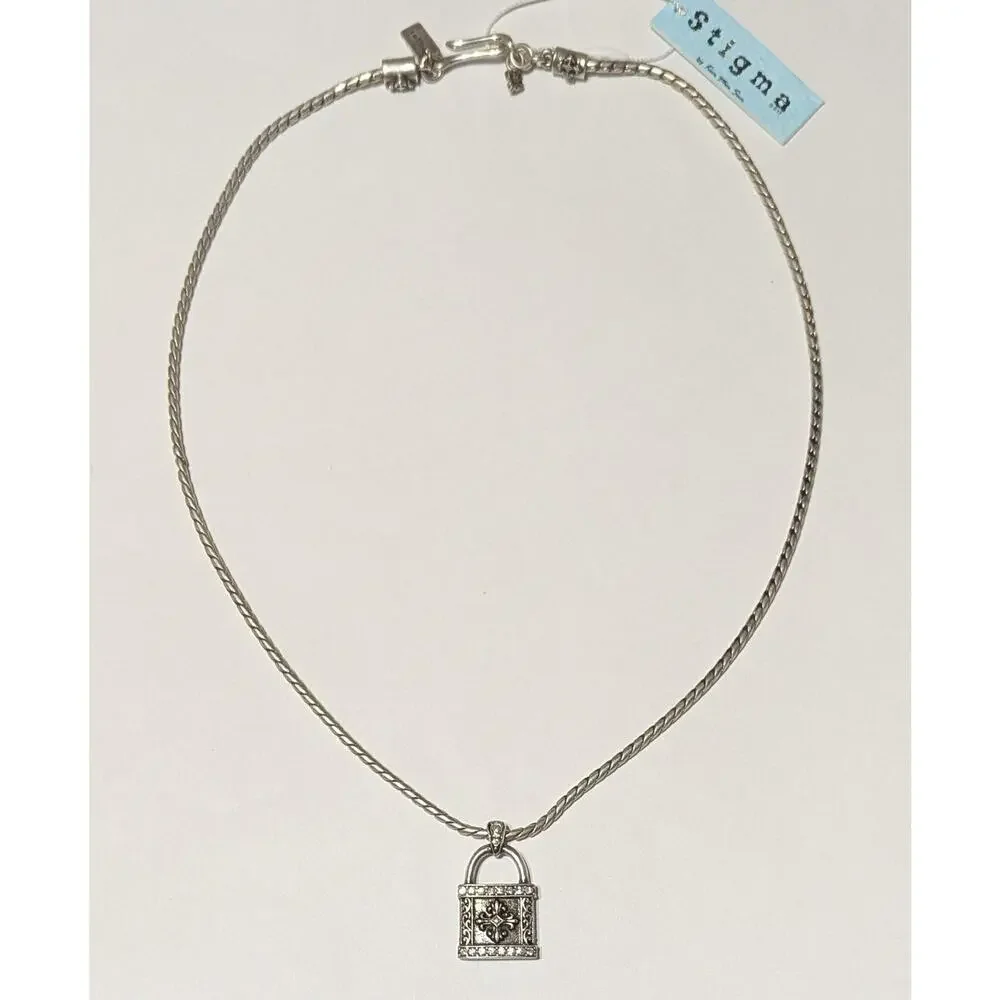 Stigma Padlock Pendant Necklace Silver Tone Rope Chain Rhinestone Gothic